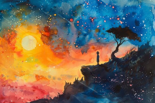 Dreamy watercolor scene of the Little Prince watching the sunset with the narrator on Earth. 