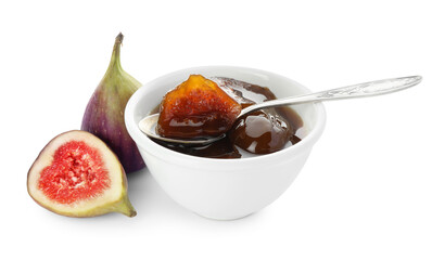 Bowl of tasty sweet jam and fresh figs isolated on white