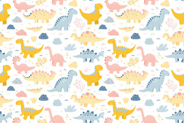 Obraz premium Whimsical dinosaurs seamless pattern for children's joy