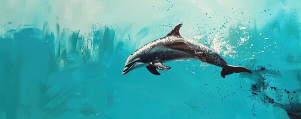 Obraz premium Dolphin jump against blue background. brushstroke style painting, evoking a sense of freedom and joy