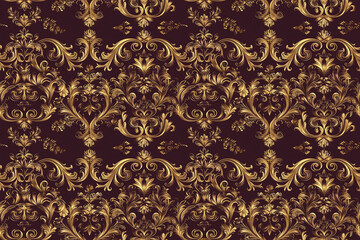 Luxurious golden damask on a seamless black background - obrazy, fototapety, plakaty
