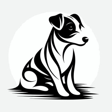 Black and white abstract minimalistic silhouette of a Jack Russell terrier on a white background.	