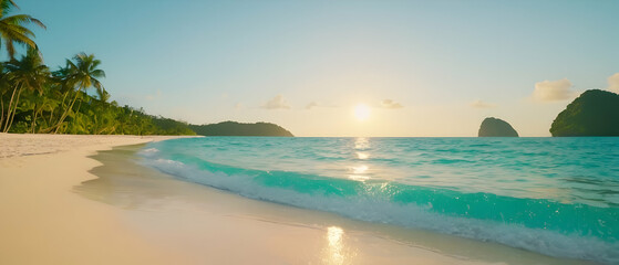Panorama of Beautiful sunset on the beach. Paradise beach. Tropical paradise, white sand and clear water.