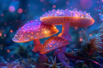 Vibrant fluorescent mushrooms with mystical glowing spots, set in a psychedelic forest backdrop