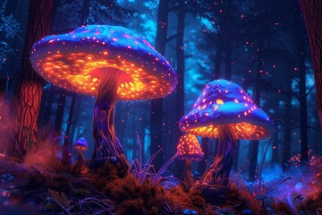 Vibrant fluorescent mushrooms with mystical glowing spots, set in a psychedelic forest backdrop