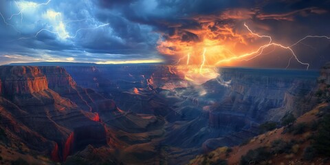 A dramatic electrifying lightning storm illuminating the vast Grand Canyon landscape at dusk, reflecting nature's fury - obrazy, fototapety, plakaty