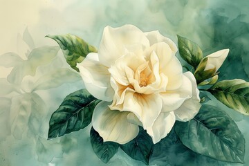 A romantic watercolor of a gardenia, its creamy white petals exuding elegance and simplicity against a soft green backdrop - obrazy, fototapety, plakaty