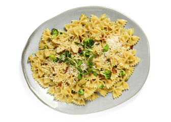 Vegetarian meal. Tasty pasta with fresh vegetables and cheese isolated on white, top view