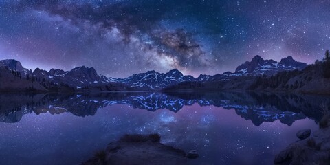 A breathtaking wide-angle view of the Milky Way galaxy over a rocky mountain landscape with a clear reflection in the water