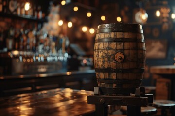 Wooden barrel on bar counter in night club,  Alcohol drink concept - obrazy, fototapety, plakaty