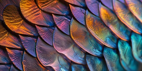 Obraz premium Close-up of an abstract pattern resembling fish scales with an iridescent finish that shimmers