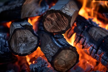 Stack of wooden logs in bonfire burning, wallpaper background