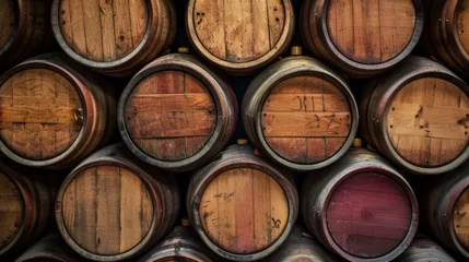 Fotobehang Background of wooden wine casks neatly arranged in a cellar © Sasint