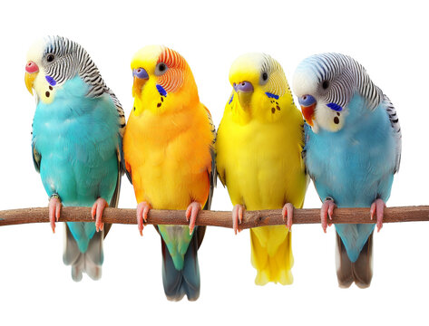 Colorful budgerigars on a perch isolated on transparent background