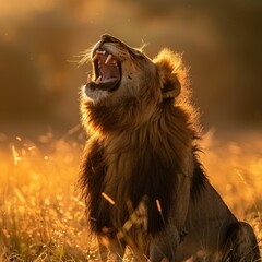 A lion roaring in the early morning light on the savanna