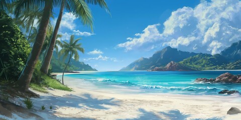 A serene tropical beach scene with lush palm trees, clear aquamarine water, and distant mountains under a blue sky