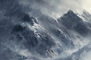 A fierce blizzard sweeping across a mountain range - obrazy, fototapety, plakaty
