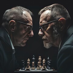 A dramatic standoff between two powerful chess grandmasters in a tournament - obrazy, fototapety, plakaty
