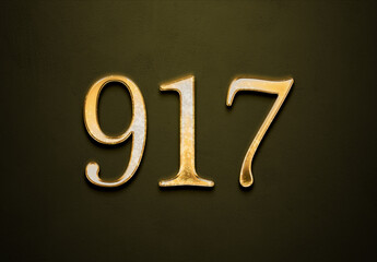 Old gold effect of 917 number with 3D glossy style Mockup.	