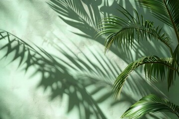 Tropical palm leaves shadow on concrete wall background,  Copy space