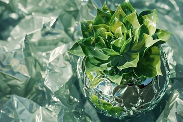 Green plant in a glass vase on a background of crumpled paper