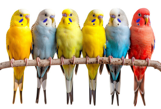 Colorful budgerigars on a perch isolated on transparent background