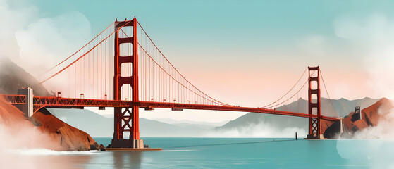 Panorama of Golden Gate Bridge, Usa. Double exposure contemporary style minimalist artwork collage illustration.