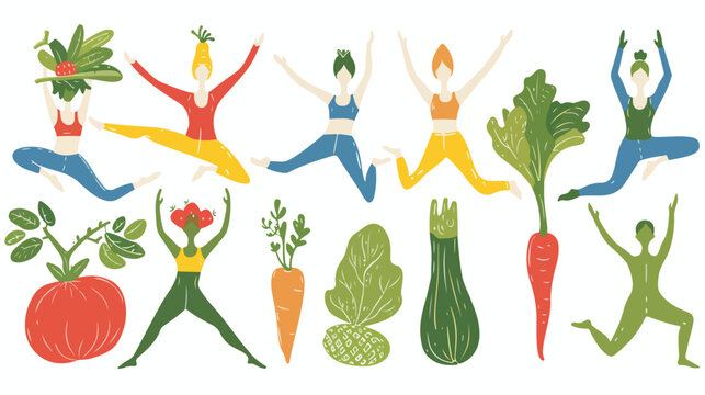 Veggie yoga. Sporty vegetables. Colored vector set. Al