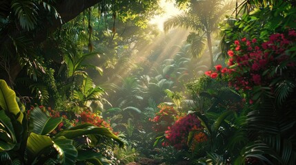 A lush tropical jungle alive with the symphony of nature, with towering trees draped in vines and colorful blooms, and exotic birds flitting among the canopy in a vibrant tapestry of life - obrazy, fototapety, plakaty