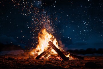 Expansive bonfire lighting up the night, with sparks against a starry backdrop, wallpaper background, close up