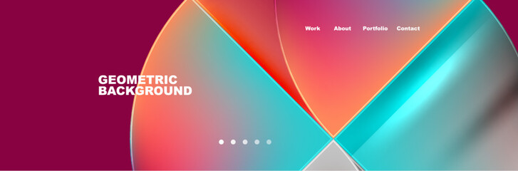 A vibrant geometric background featuring a symmetrical pattern with orange, electric blue, and magenta tints and shades. The design includes triangles, circles, and bold fonts