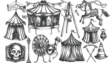 Vintage circus. Hand drawn vector set. All elements 