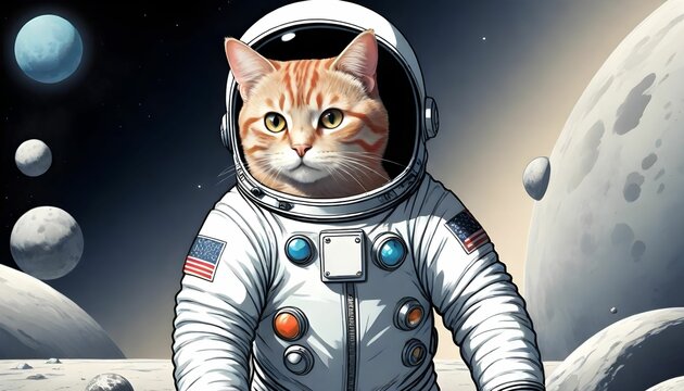 illustration of the cute astronaut cat in a space suit with a helmet