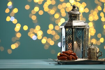 Traditional Arabic lantern, dates and vintage cup holder on table against dark turquoise background...