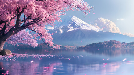 Falling cherry blossom petals on the lake