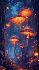Luminescent mushrooms with glowing spots, set in a vibrant, psychedelic forest backdrop - obrazy, fototapety, plakaty