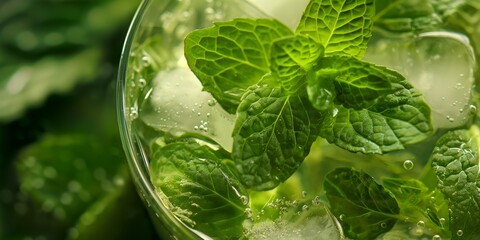 A stunning close-up of crisp mint leaves immersed in a fizzy, refreshing beverage, perfect for culinary and lifestyle imagery - obrazy, fototapety, plakaty