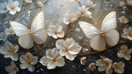 Oil painting white butterflies with golden wings over white flowers, interior decor, wall painting for decoration