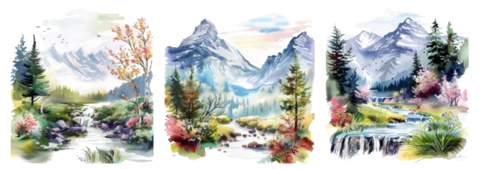 Washable wall murals Mountains Watercolor Scenery: Mountains, Rivers, and Spring Flowers