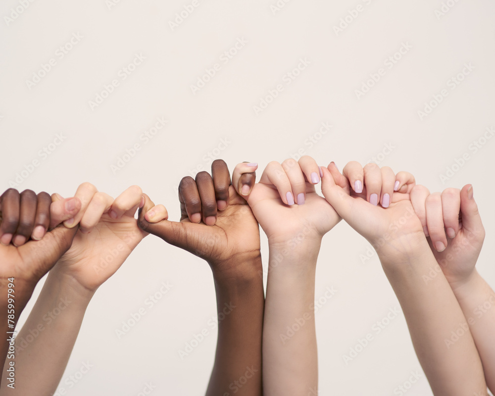 Poster hands, people and support in studio with unity for community outreach, teamwork and solidarity in di