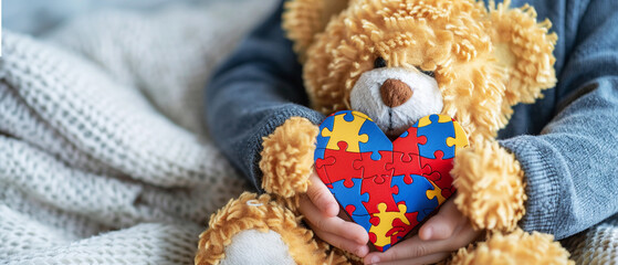 A child holds a stuffed animal with a puzzle piece heart.