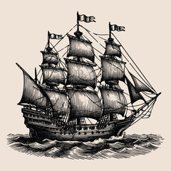 hand drawn ship old engraving vector illustration style. illustration of an old fashioned sailing ship or boat in a vintage etching woodcut style. ship vintage illustration old engraving style © Ranadhie