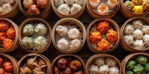 A delicious assortment of Asian dumplings served in traditional bamboo steamer baskets, perfect for dim sum enthusiasts - obrazy, fototapety, plakaty