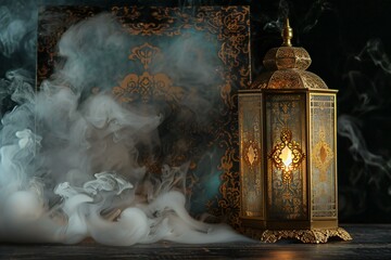 Lantern with burning candle on wooden table,  Ramadan Kareem background