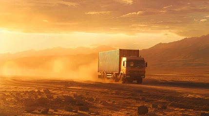 Schilderijen op glas The cargo truck traverses the landscape as the sun sets, casting a golden hue over the surroundings © shaiq