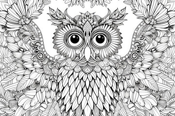 Hand drawn of owl zentangle style on a white background. Coloring book for kids and adults.Antistress coloring page, print, emblem,logo or tattoo,design, decor, T-shirt. - obrazy, fototapety, plakaty