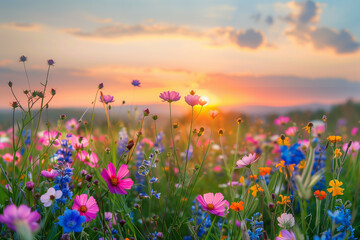 Obraz premium beautiful wild flowers against the background of a sunrise, painted with oil paints, idea for wall decor