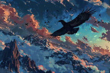 Fototapeta na wymiar Vulture flying in the sky over mountains, illustration
