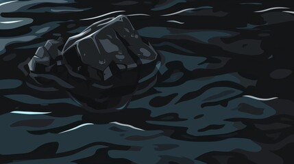 Uses a deep black water background, where the carbon chunk is partially submerged, blurring the lines between the solid and liquid elemental states