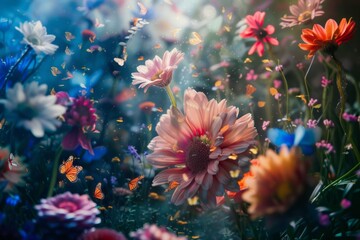 Levitating spring flowers in a garden, butterflies, wallpaper background